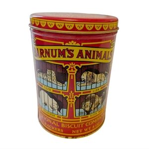 ANIMAL CRACKERS Red Cookie Tin Upright Box Yellow Gold Barnums Biscuit Container